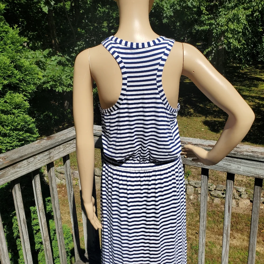 J. Crew Blue & White Stripe Racer T-back Scoop Round Neck Maxi Dress Size M - Picture 4 of 11